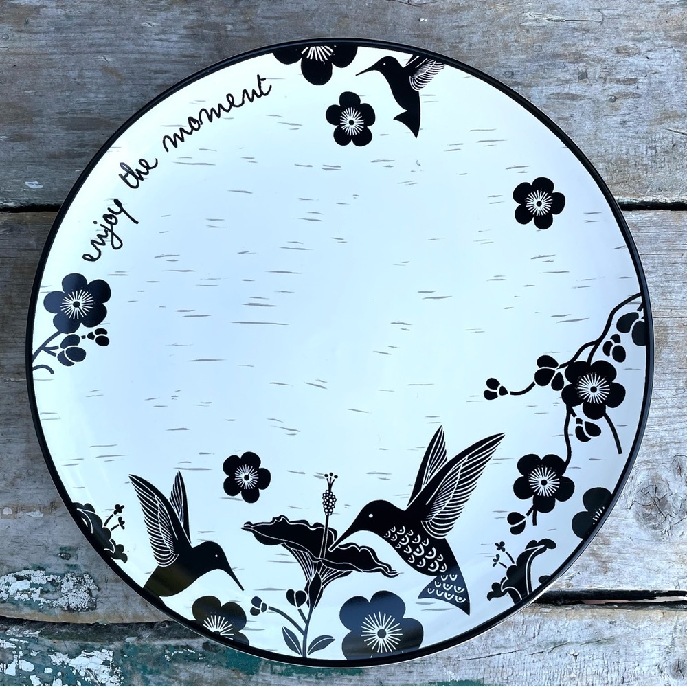 Karma White and black hummingbird salad plate